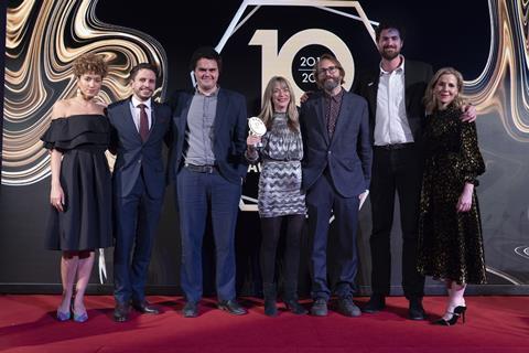Trailer of the year winners Picturehouse Entertainment with presenter Rob Baughan, Powster (second left) and host Sally Phillips (right)